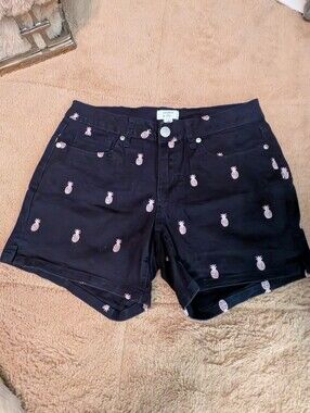 crown & ivy Black Jean Shorts with Pink Pineapple Embroidery